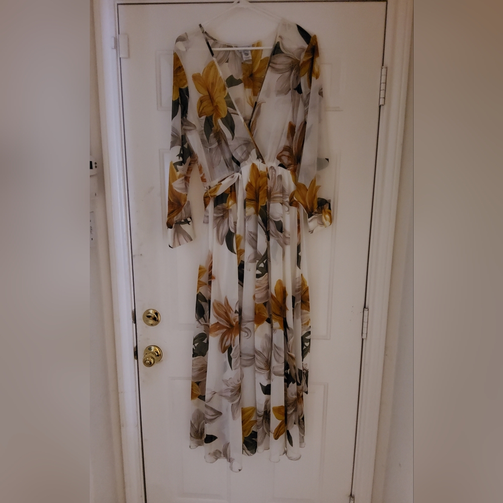 White and Brown Wrap Sundress with Bishop Sleeves